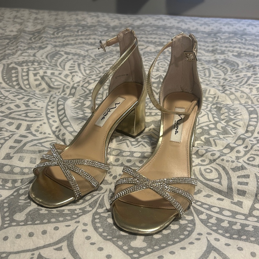 Nina Gold Block Heel With Rhinestones